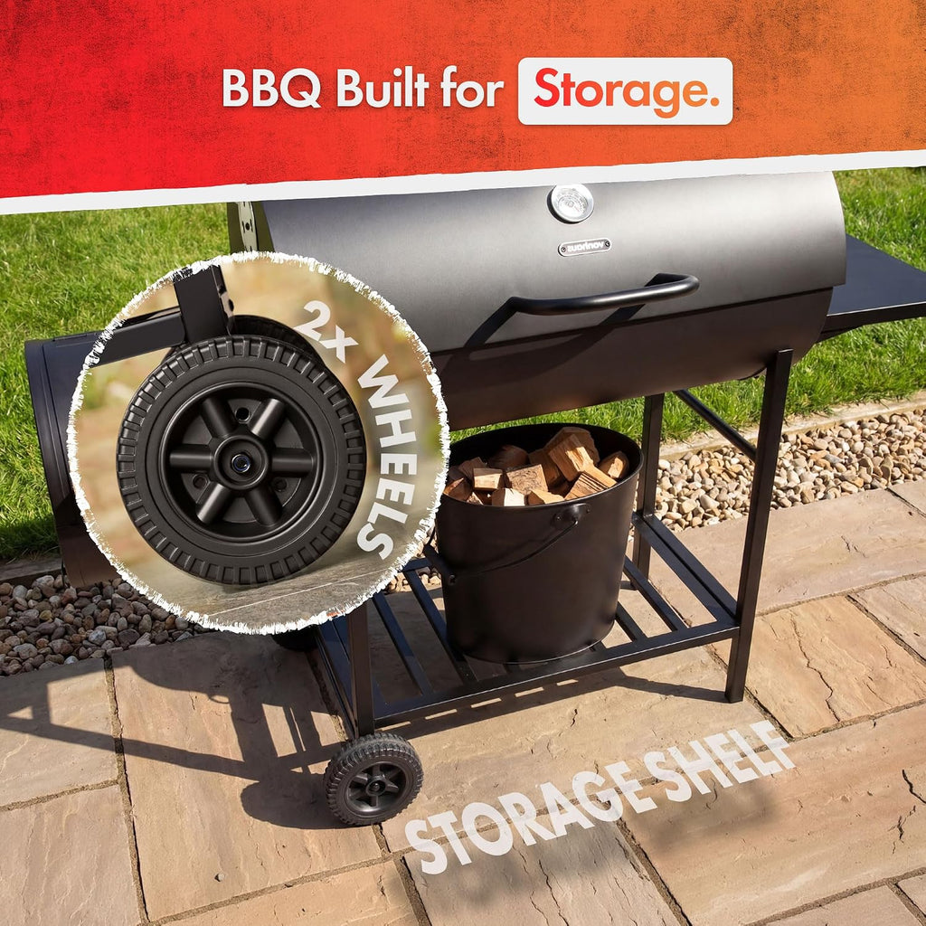 VonHaus Charcoal BBQ – Portable Barrel Barbecue with Offset Smoker, Temperature Gauge, Wheels, Large Cooking Grill, Air Vents – 2 in 1 Barbeque and Smoker – Grill Meat, Fish & Vegetables