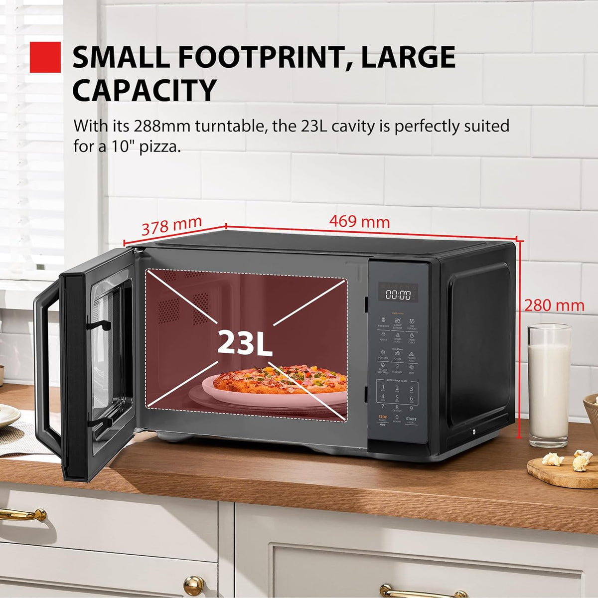 Toshiba Black Mirror Microwave 900w 23L Microwave Oven with Digital Display, Solo, Auto Defrost, One-Touch Express Cook with 11 Power Levels, 7 Auto Menus, Perfect for 10'' Pizza, MW3-EM23PF(MB)