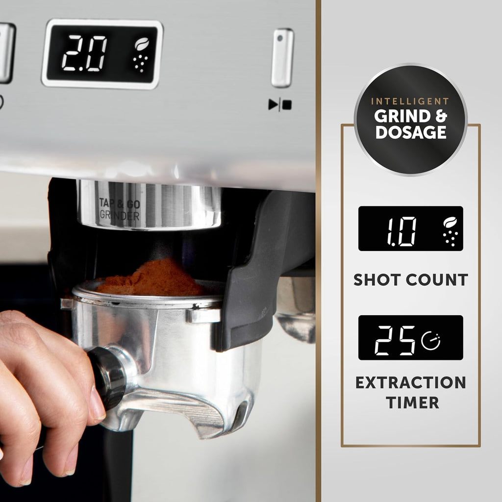 Breville Barista Max+ Espresso | Latte & Cappuccino Coffee Machine | Intelligent Grind & Dosage | Precision Extraction Timer | Integrated Milk Frother | 15 Bar Italian Pump | Silver [VCF153]