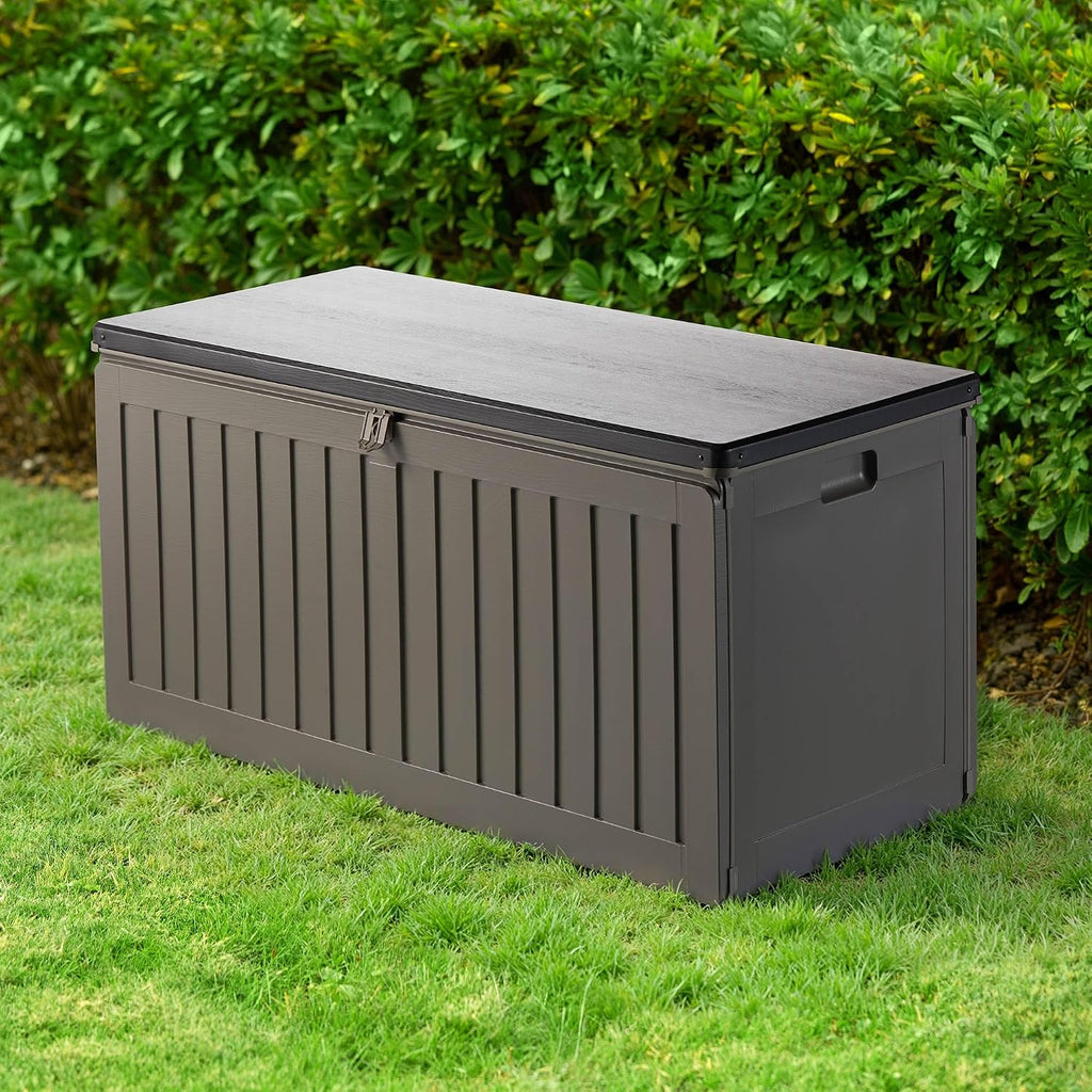 VonHaus Garden Storage Box 270L – Outdoor Utility Chest Organiser – Weatherproof Plastic, Lockable Lid, Sliding Bar Hinge, Carry Handles, Portable – For Garden, Patio, Balcony, Decking – Grey, Black