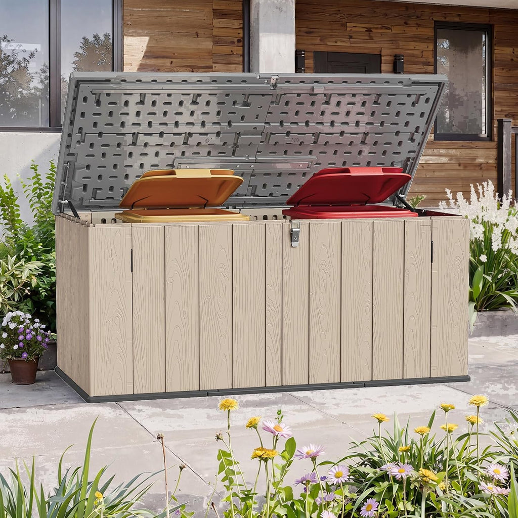 Garden Storage Box,600L Waterproof Resin Deck Box Bench with Lockable Lid & Handles,Outdoor Storage Box for Cushion Tool Toy and Pool Accessories(Brown)