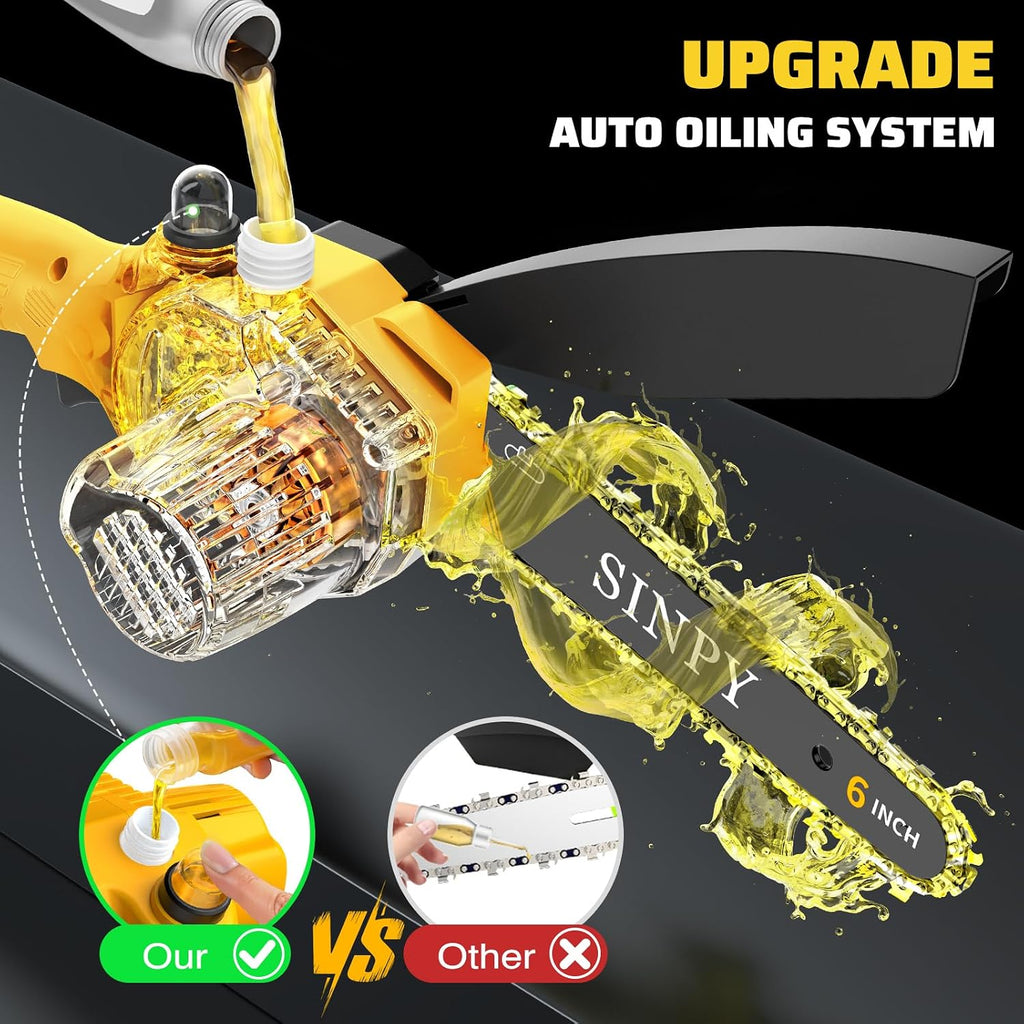 Mini Chainsaw Cordless, 6 Inch Electric Power Chain Saw with 2 Batteries & 2 Chains, Small Chainsaw with Safety Lock for Tree Trimming, Garden, Wood Cutting Gift for Men Dad Husband Fathers