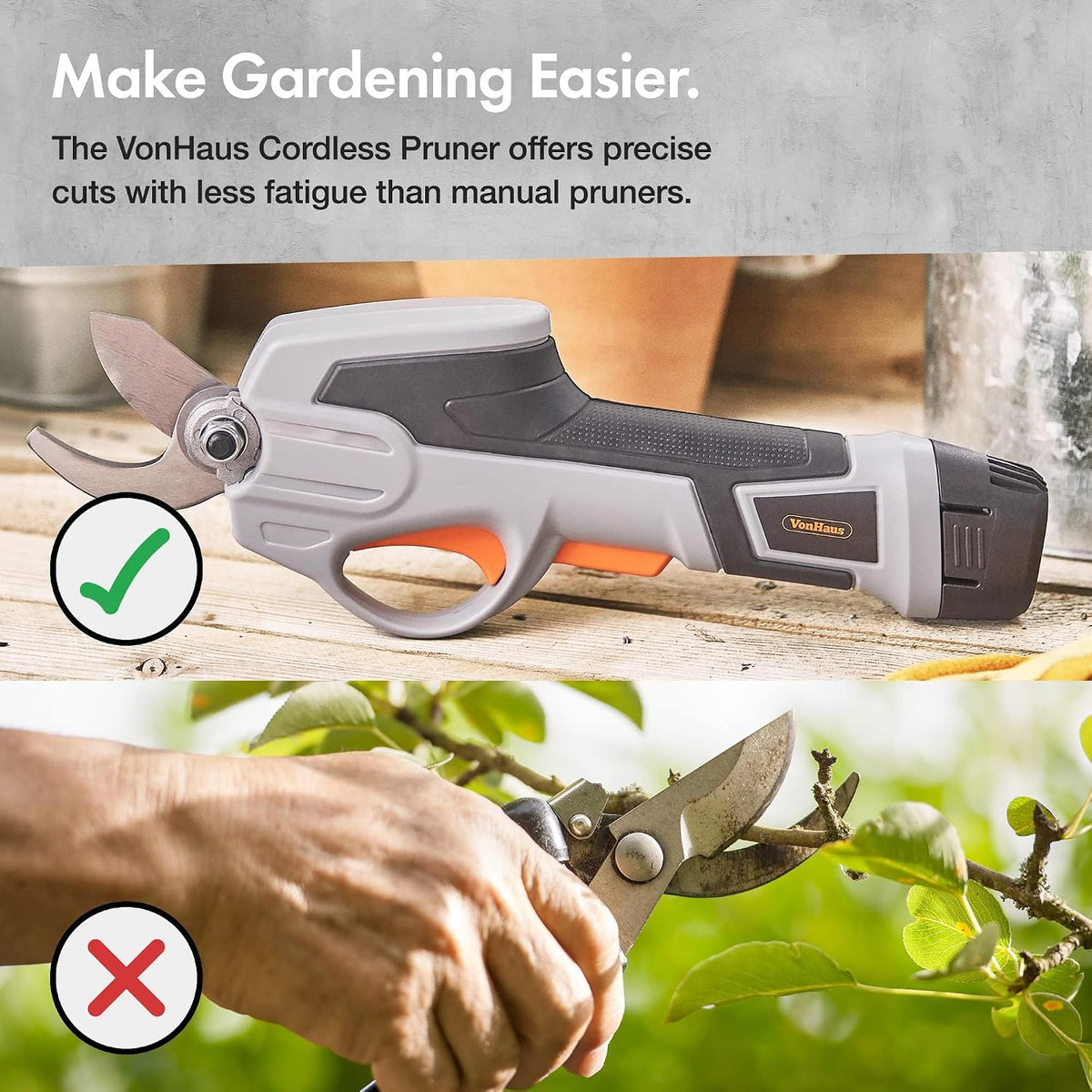 VonHaus Cordless Garden Secateurs 7.2V – Electric Pruning Shears for Gardening, Lightweight Pruner for Tree Twigs, Shrubs, Plants, Bushes & More – 800 Cuts from 1 Charge – Comfortable Ergonomic Handle
