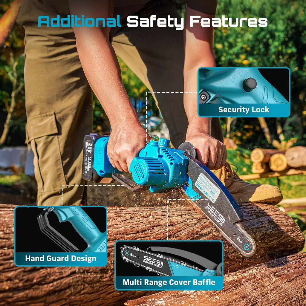 SEESII 8 Inch Mini Cordless Chainsaw with 4000mAh x2 Batteries