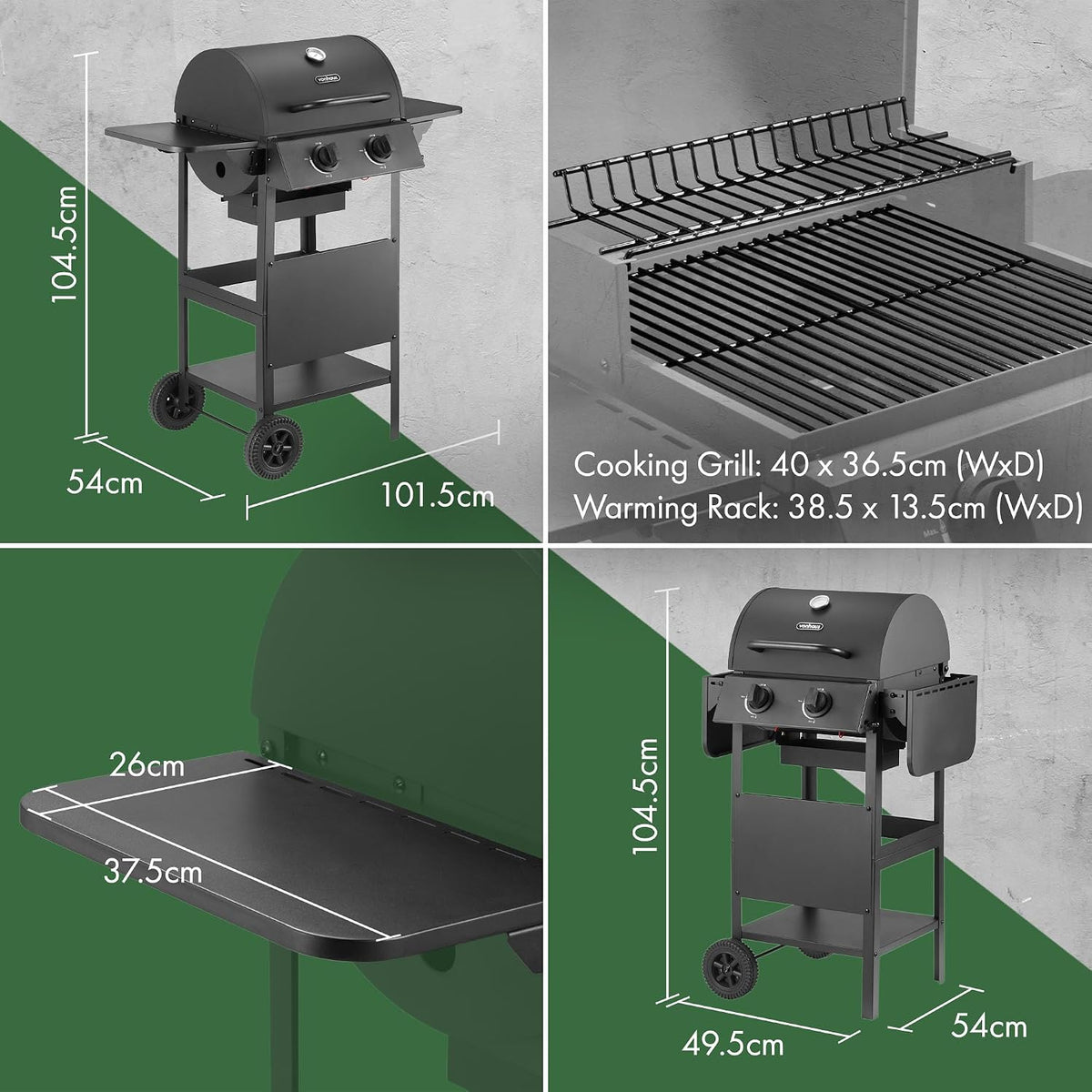 VonHaus Gas BBQ – Barbecue with x2 Gas Burners, Warming Rack, Fold Down Shelves, Temperature Gauge, Wheels, Large Cooking Grill & More – Barbeque that can Grill Meat, Fish & Vegetables