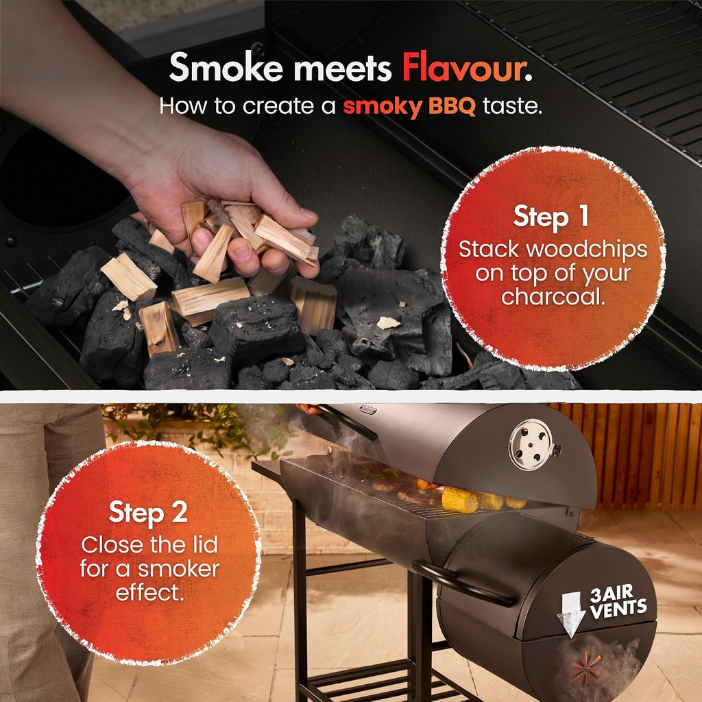 VonHaus Charcoal BBQ – Portable Barrel Barbecue with Offset Smoker, Temperature Gauge, Wheels, Large Cooking Grill, Air Vents – 2 in 1 Barbeque and Smoker – Grill Meat, Fish & Vegetables
