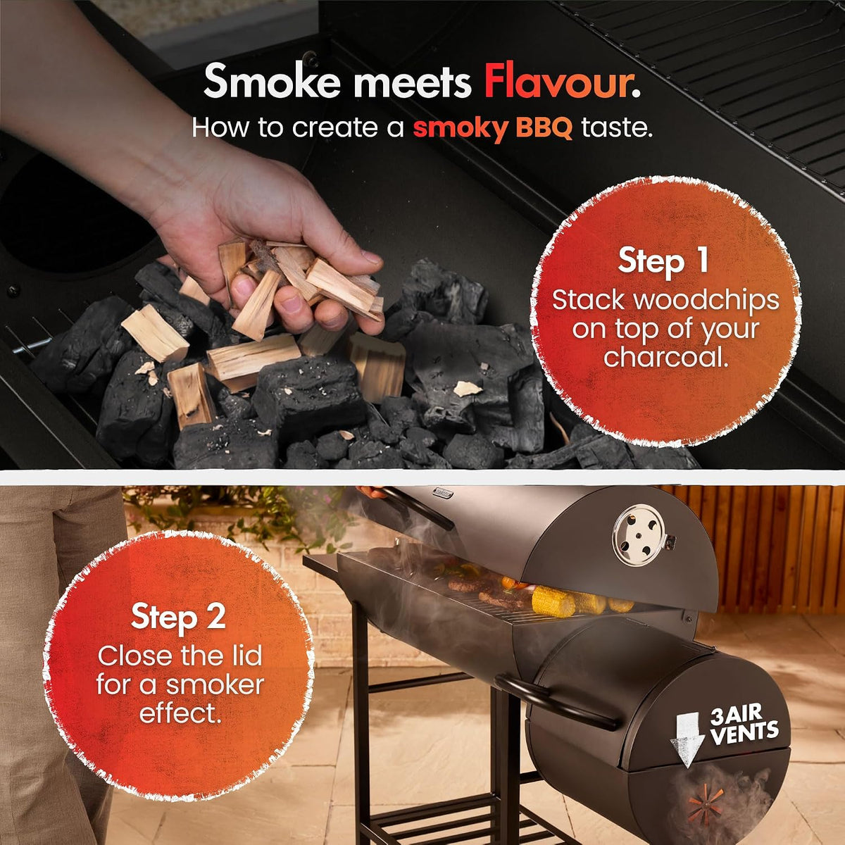 VonHaus Charcoal BBQ – Portable Barrel Barbecue with Offset Smoker, Temperature Gauge, Wheels, Large Cooking Grill, Air Vents – 2 in 1 Barbeque and Smoker – Grill Meat, Fish & Vegetables