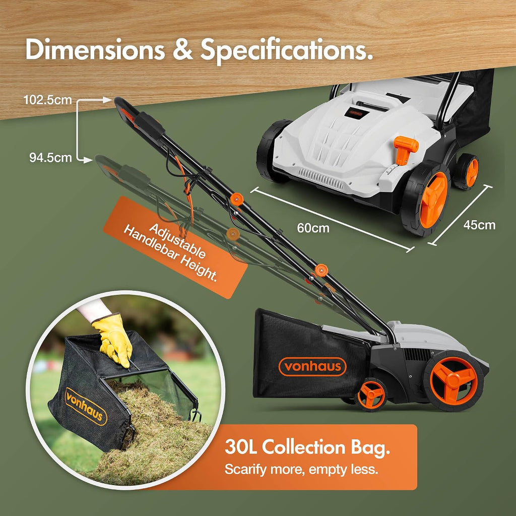 VonHaus Lawn Scarifier/Aerator/Rake Corded 1500W – 30L Box, 10m Cable