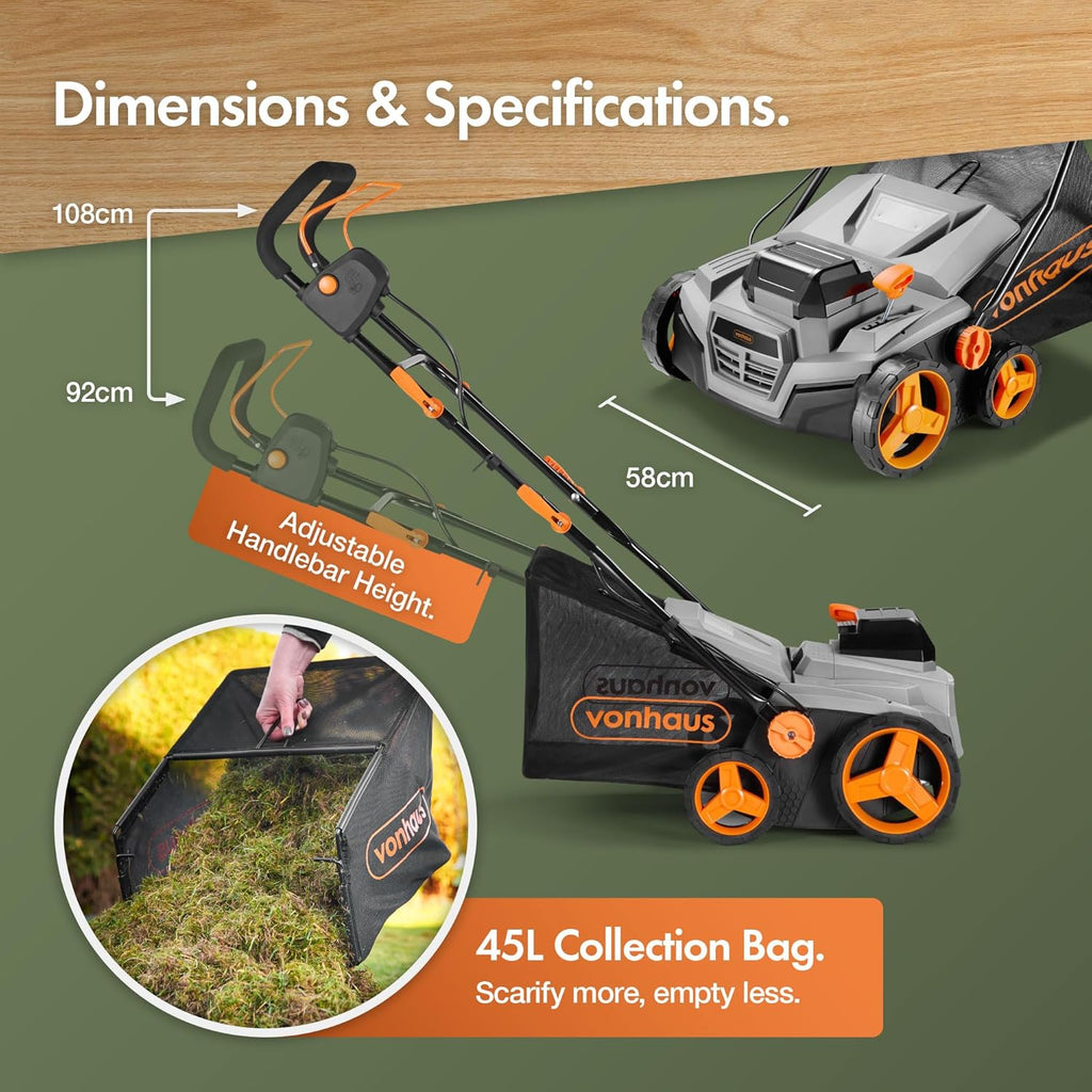 VonHaus Lawn Scarifier/Aerator/Rake Cordless 40V – x2 20V Batteries/Charger