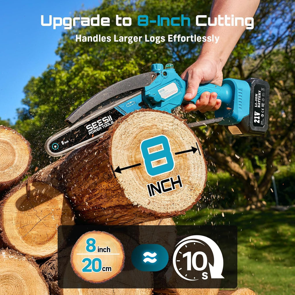 SEESII 8 Inch Mini Cordless Chainsaw with 4000mAh x2 Batteries