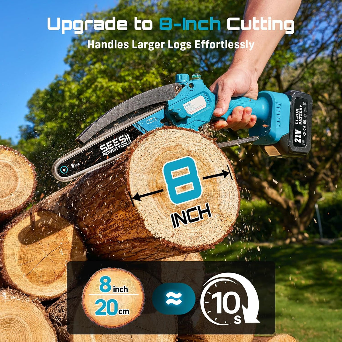 SEESII 8 Inch Mini Cordless Chainsaw with 4000mAh x2 Batteries