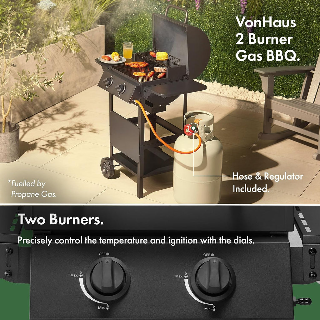 VonHaus Gas BBQ – Barbecue with x2 Gas Burners, Warming Rack, Fold Down Shelves, Temperature Gauge, Wheels, Large Cooking Grill & More – Barbeque that can Grill Meat, Fish & Vegetables