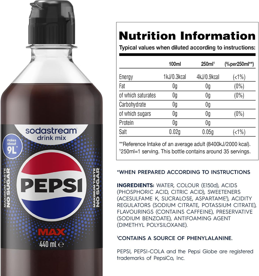 SodaStream Pepsi MAX Drink Mix, 6 Pack Sugar Free Cola Syrup for Sparkling Water Makers, Zero Calorie, Max Taste No Sugar, Soda Stream Flavours, Makes 54L, 6 x 440ml