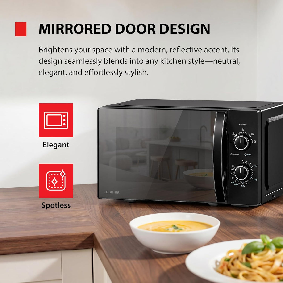 TOSHIBA Black Mirror Front Microwave 20 Liter 700W Manual Control, Compact with 5 Power Levels, Automatic Defrost, Perfect for 9'' Pizza, Clock and Timer, Easy Clean, MW2-MM20PF(MB)