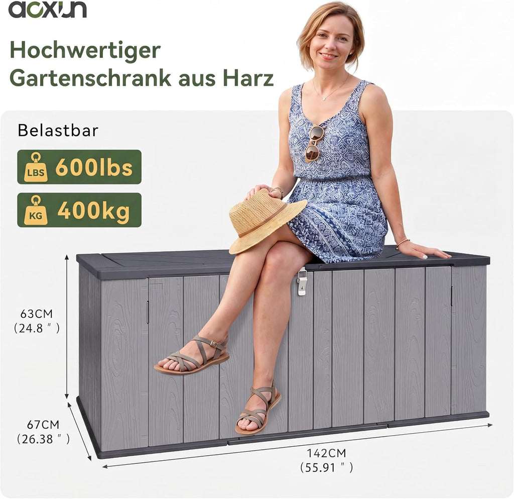 Aoxun Outdoor Deck Box 600L, Large Resin Outdoor Storage Box with Lid, Waterproof & UV-Resistant Garden Storage for Cushions, Tools, and Pool Accessories 4.7x2.2FT(Grey)