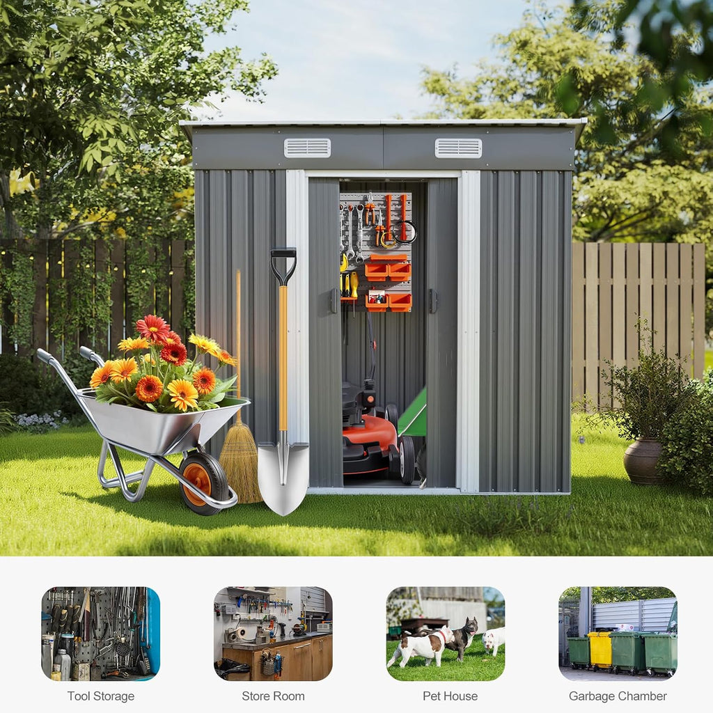 Panana Metal Garden Shed Storage Sheds Heavy Duty Outdoor FREE Base Foundation Green/Grey Color (6X4 Grey)