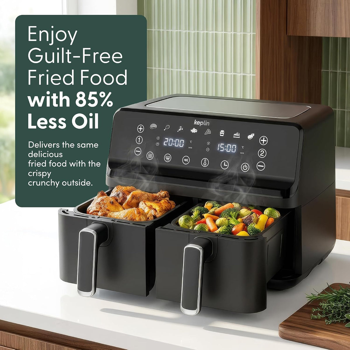 Keplin 9L Dual Zone Air Fryer - 8in1 Cooking Functions - 2700W Energy-Saving Cooker - Extra-Large Capacity for Healthy Meals - Roast, Bake, Dehydrate, Reheat,- Family Size -2 Years Warranty