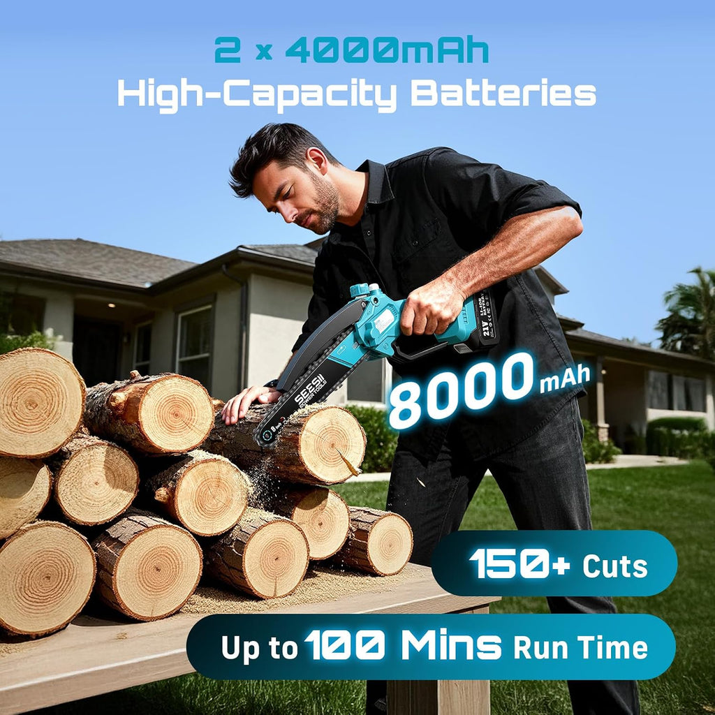 SEESII 8 Inch Mini Cordless Chainsaw with 4000mAh x2 Batteries