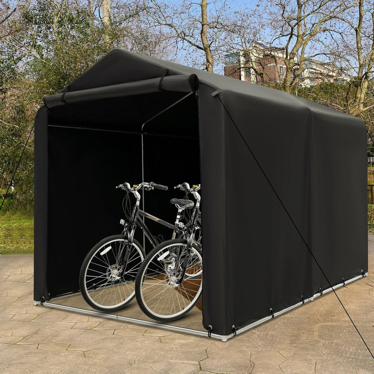 COSTWAY 7x5.2FT Outdoor Storage Shed, Waterproof Garden Bike Tent with Roll-up Zipper Door and Gloves, Galvanized Steel Motorcycle Tool Storage Shelter Carport for Patio Yard Garage (Dark Grey)