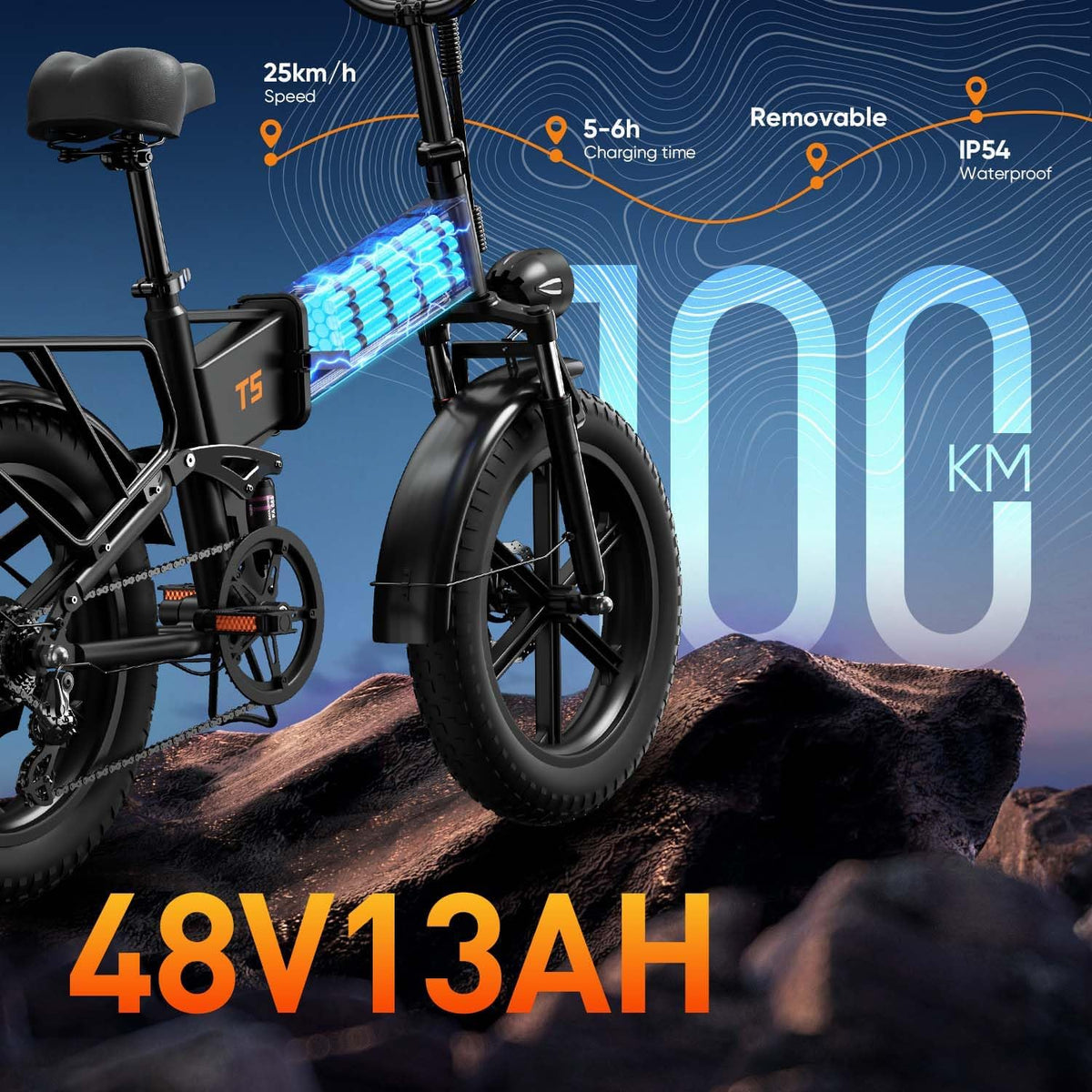 URLIFE Folding Electric Bike, 20 * 4.0 Inch Fat Tire E-Bike for Adult 48V 13AH Removable Battery, 80-100KM Long Range, Full Suspension for All Terrains, Electric Mountain Bike with LED