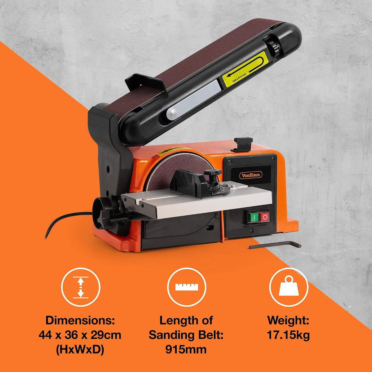 VonHaus Benchtop Belt & Disc Sander, 100mm x 915mm, with Cast Iron Base and Integrated Dust Port - Removable Table, Sanding Belt and Disc Included