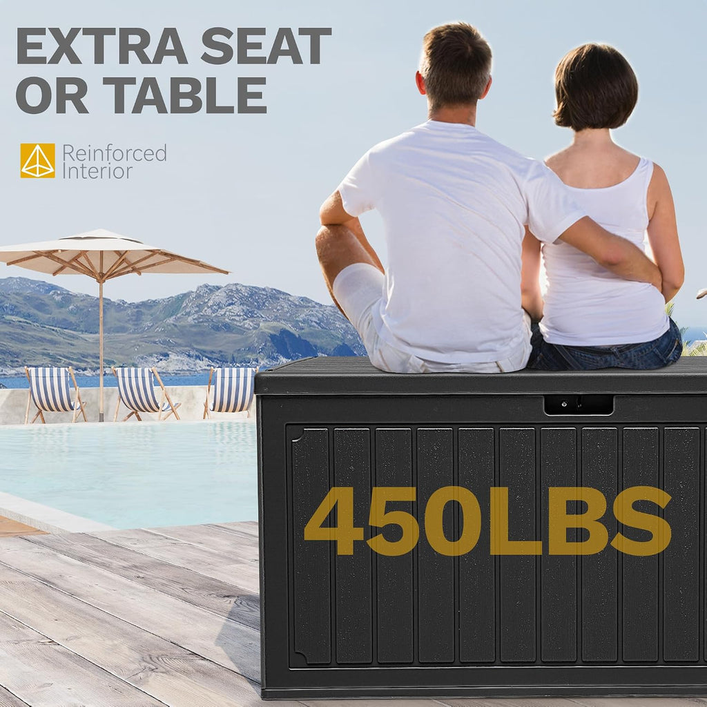 DWVO 340L Resin Outdoor Storage Box, Double-Wall Waterproof Deck Box with Wood Texture, Lockable Garden Storage that Doubles as Table or Bench (450 lbs Capacity)–Black