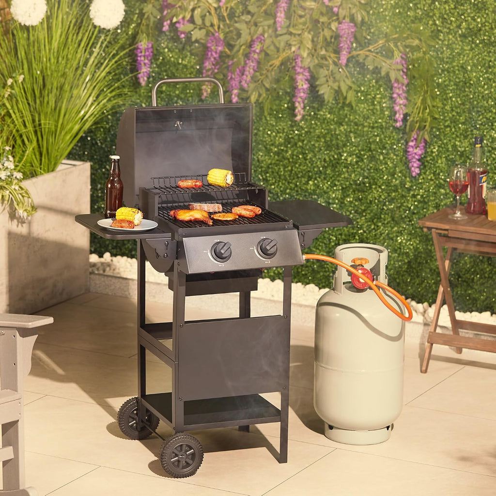 VonHaus Gas BBQ – Barbecue with x2 Gas Burners, Warming Rack, Fold Down Shelves, Temperature Gauge, Wheels, Large Cooking Grill & More – Barbeque that can Grill Meat, Fish & Vegetables