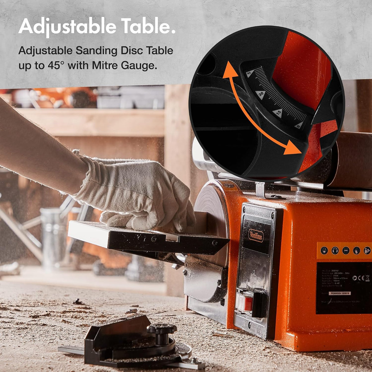 VonHaus Benchtop Belt & Disc Sander, 100mm x 915mm, with Cast Iron Base and Integrated Dust Port - Removable Table, Sanding Belt and Disc Included
