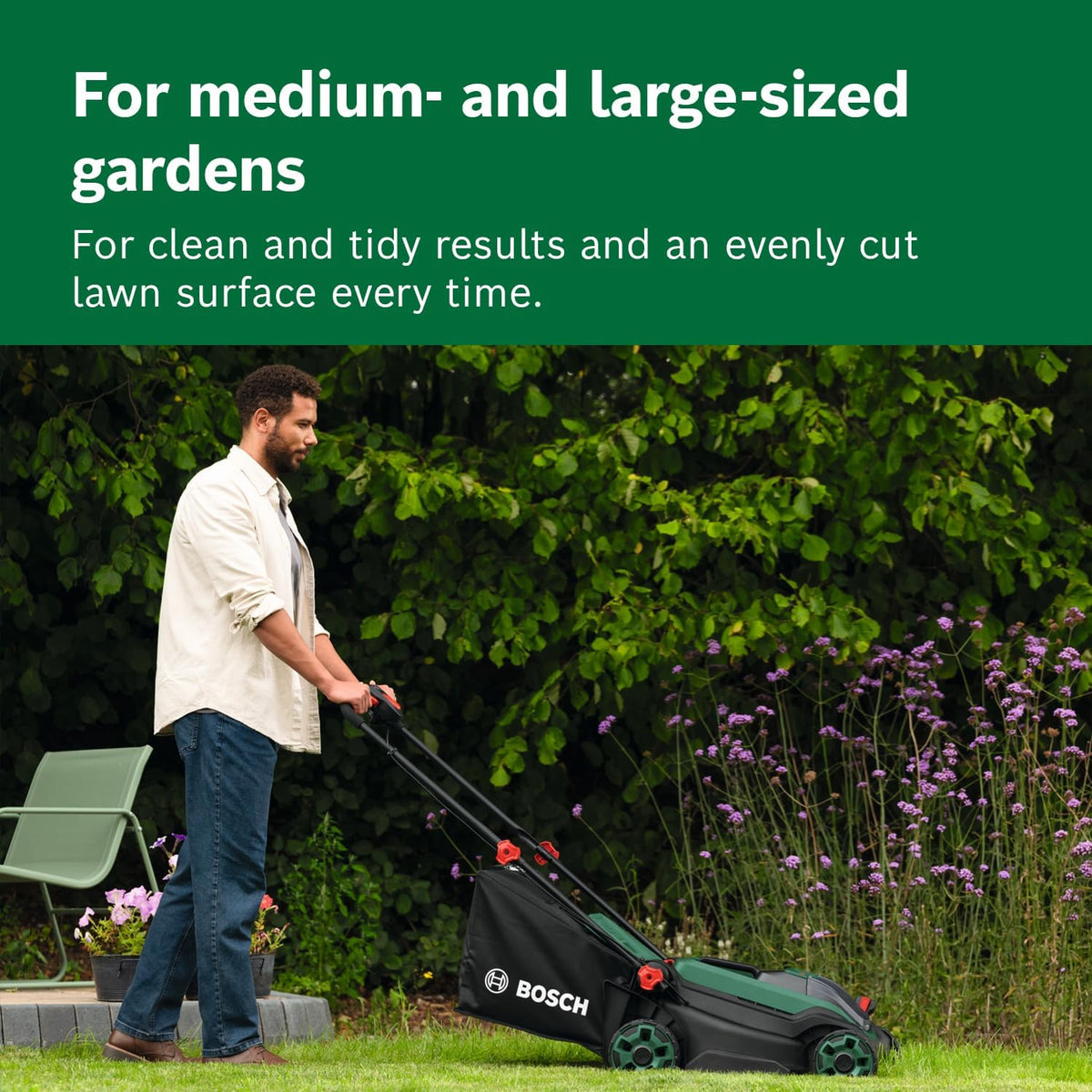 Bosch Cordless Lawn Mower ROTAK18V2-38 (Cutting Width: 38 cm, Height of Cut: 30-75 mm, 40 l Fabric Grass Bag, Mulch Plug, Without Battery)