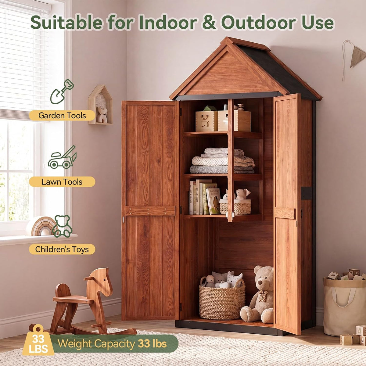 Aoxun Tall Wooden Garden Cabinet 70x38x166cm, 3 Shelves and Asphalt Roof