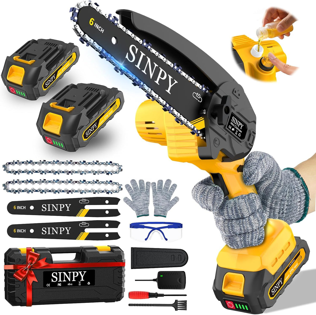 Mini Chainsaw Cordless, 6 Inch Electric Power Chain Saw with 2 Batteries & 2 Chains, Small Chainsaw with Safety Lock for Tree Trimming, Garden, Wood Cutting Gift for Men Dad Husband Fathers