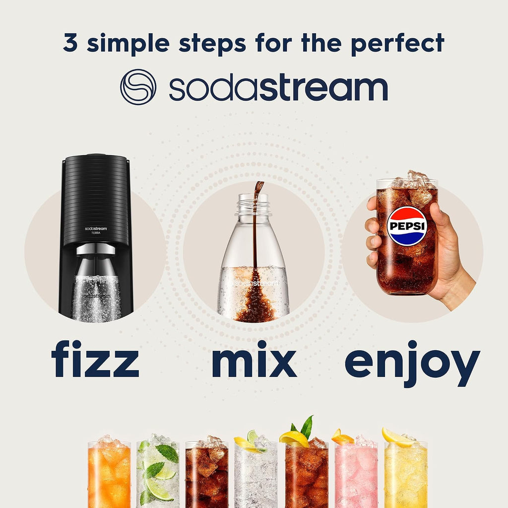 SodaStream - Terra Sparkling Water Maker starter bundle, Quick Connect CO2 System, Includes 60L Gas Cylinder, 1 x 440ml Pepsi Max, BPA-Free 1L Bottle, Eco-Friendly & Reduces Plastic Waste, Black
