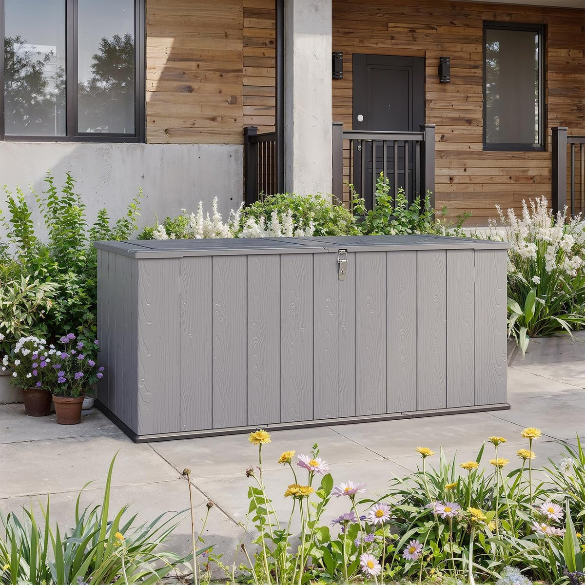 Aoxun Outdoor Deck Box 600L, Large Resin Outdoor Storage Box with Lid, Waterproof & UV-Resistant Garden Storage for Cushions, Tools, and Pool Accessories 4.7x2.2FT(Grey)