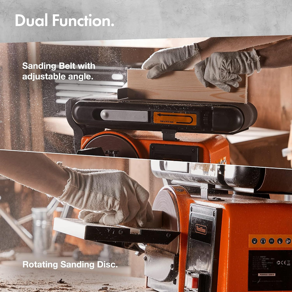 VonHaus Benchtop Belt & Disc Sander, 100mm x 915mm, with Cast Iron Base and Integrated Dust Port - Removable Table, Sanding Belt and Disc Included