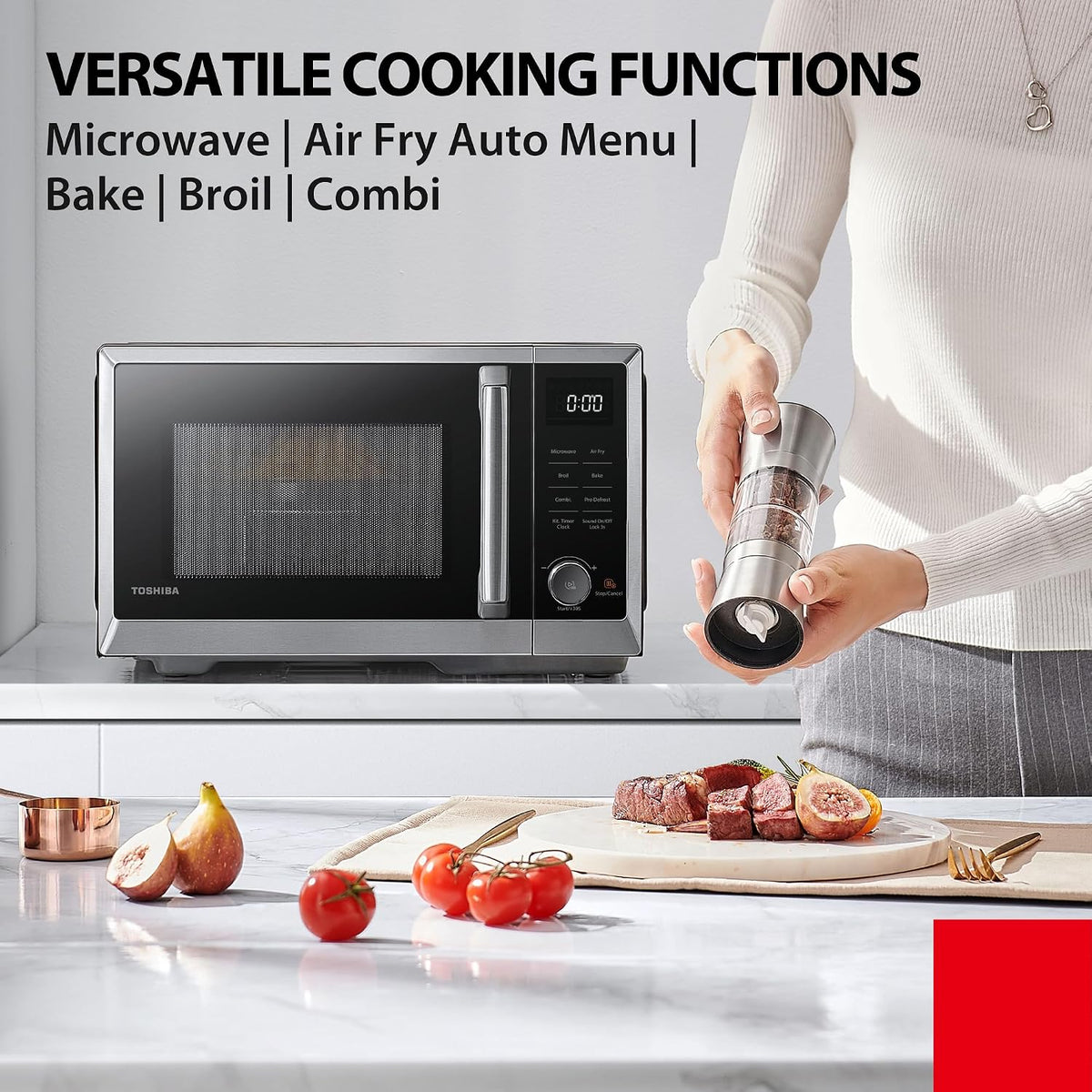 TOSHIBA Air Fry Combo 5-In-1 26L Countertop Microwave Oven, Broil, Bake, Combi, 10 Power Levels, 10 Auto Cooking Presets, Easy Defrost, Black, 900W, ML2-EC26SF(BS)