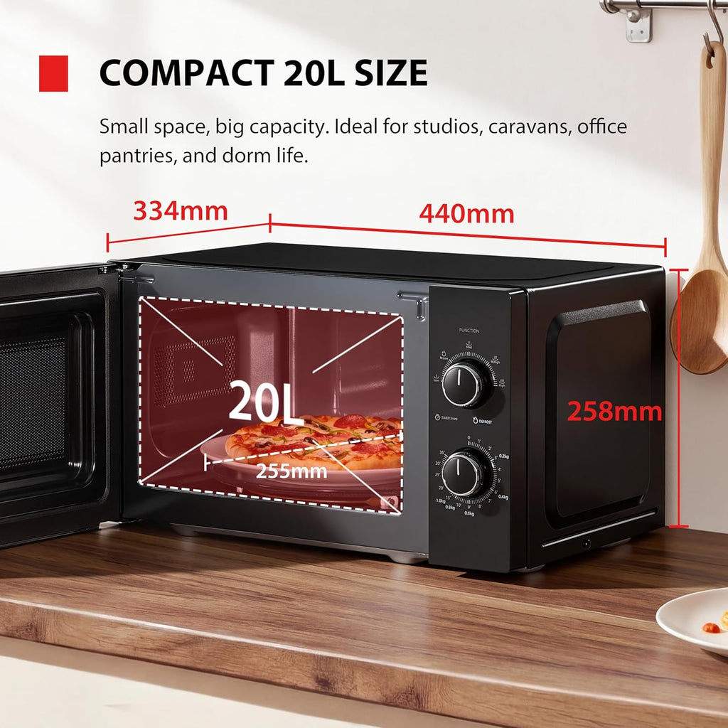 TOSHIBA Black Mirror Front Microwave 20 Liter 700W Manual Control, Compact with 5 Power Levels, Automatic Defrost, Perfect for 9'' Pizza, Clock and Timer, Easy Clean, MW2-MM20PF(MB)