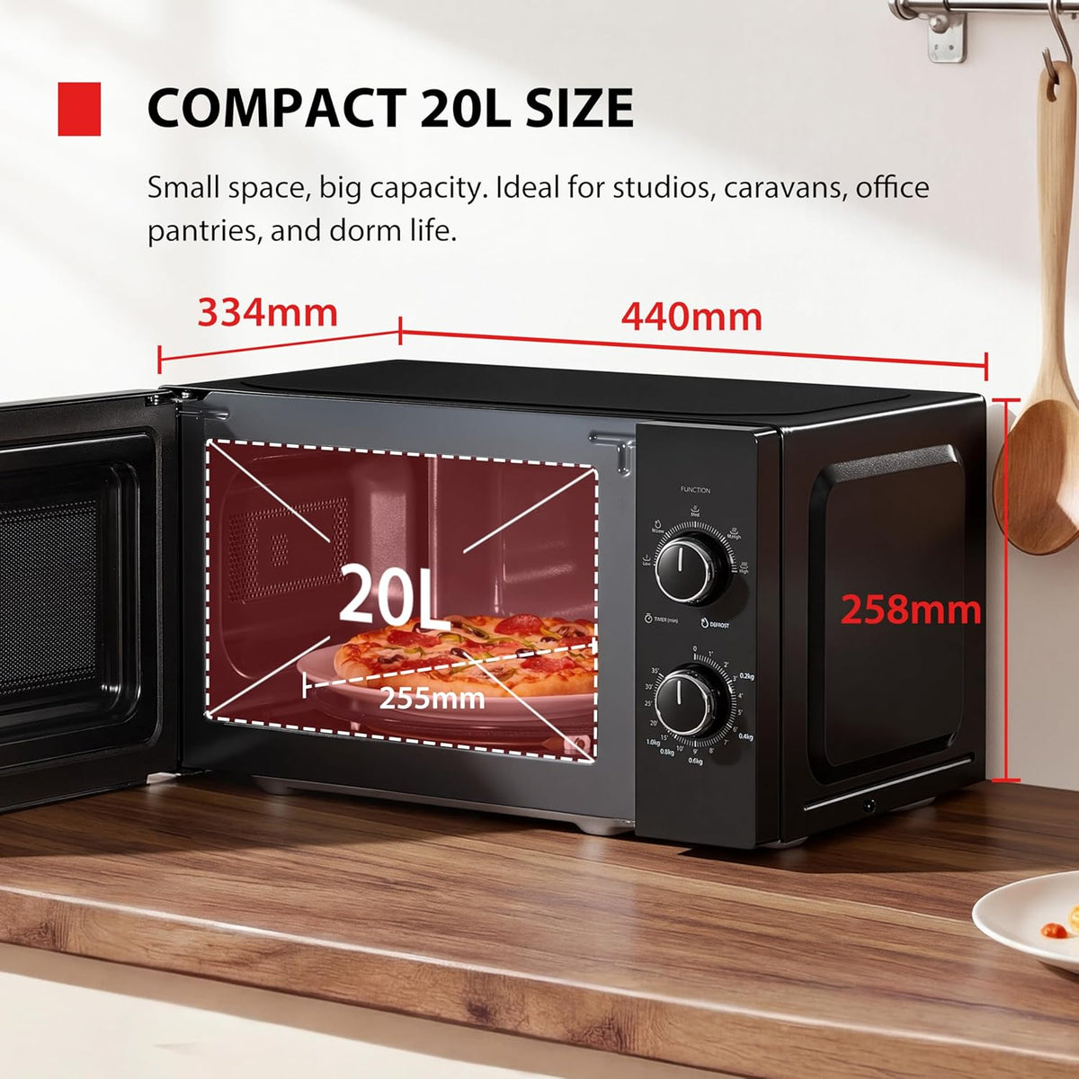 TOSHIBA Black Mirror Front Microwave 20 Liter 700W Manual Control, Compact with 5 Power Levels, Automatic Defrost, Perfect for 9'' Pizza, Clock and Timer, Easy Clean, MW2-MM20PF(MB)