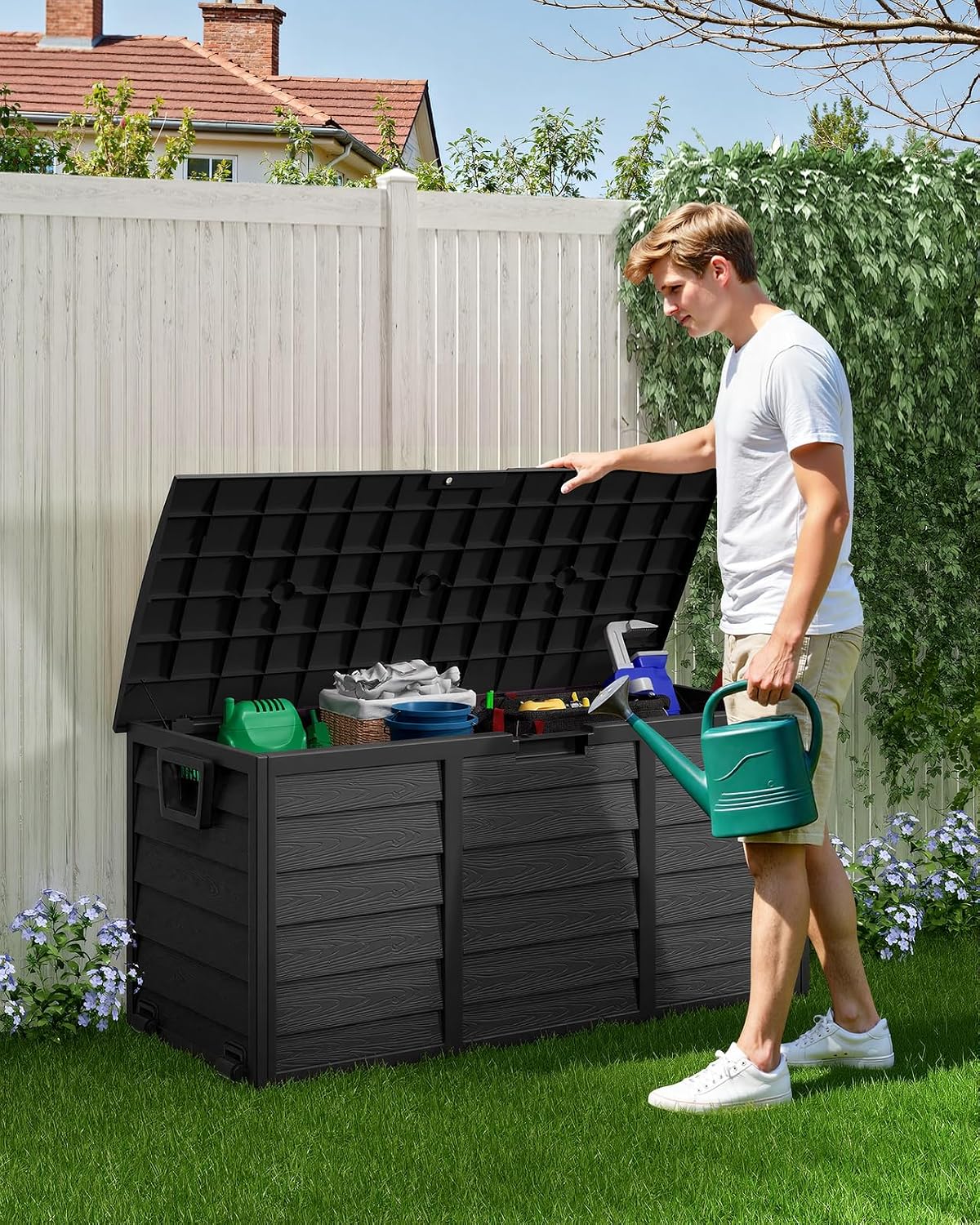 The Fellie Garden Storage Box with Wheels, 290L Lockable Garden Storage Boxes Waterproof, Plastic Outside Storage Box for Gardening Tools, Cushions, Toys, 112x49x54cm, Black