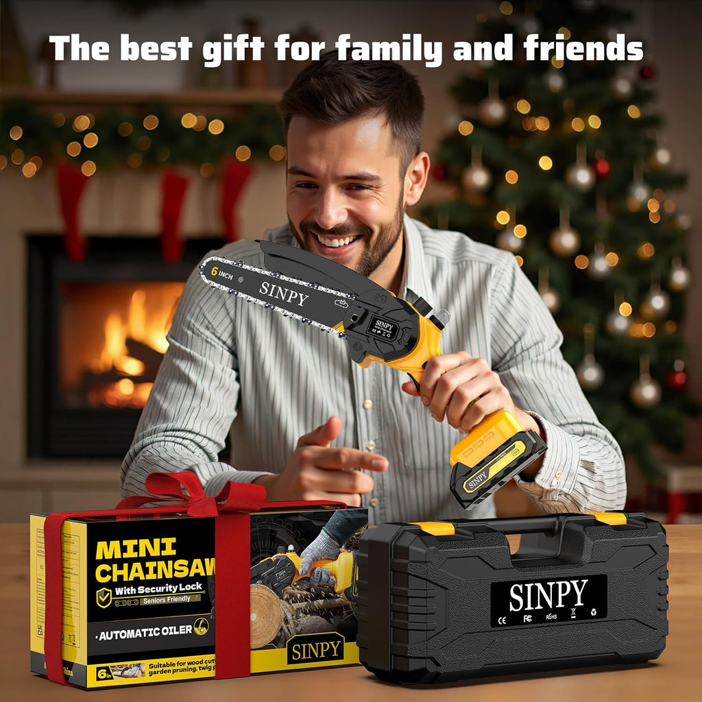 Mini Chainsaw Cordless, 6 Inch Electric Power Chain Saw with 2 Batteries & 2 Chains, Small Chainsaw with Safety Lock for Tree Trimming, Garden, Wood Cutting Gift for Men Dad Husband Fathers