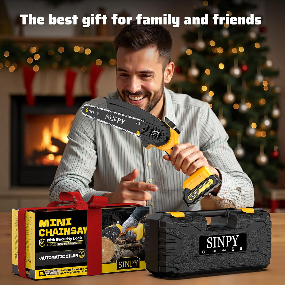 Mini Chainsaw Cordless, 6 Inch Electric Power Chain Saw with 2 Batteries & 2 Chains, Small Chainsaw with Safety Lock for Tree Trimming, Garden, Wood Cutting Gift for Men Dad Husband Fathers
