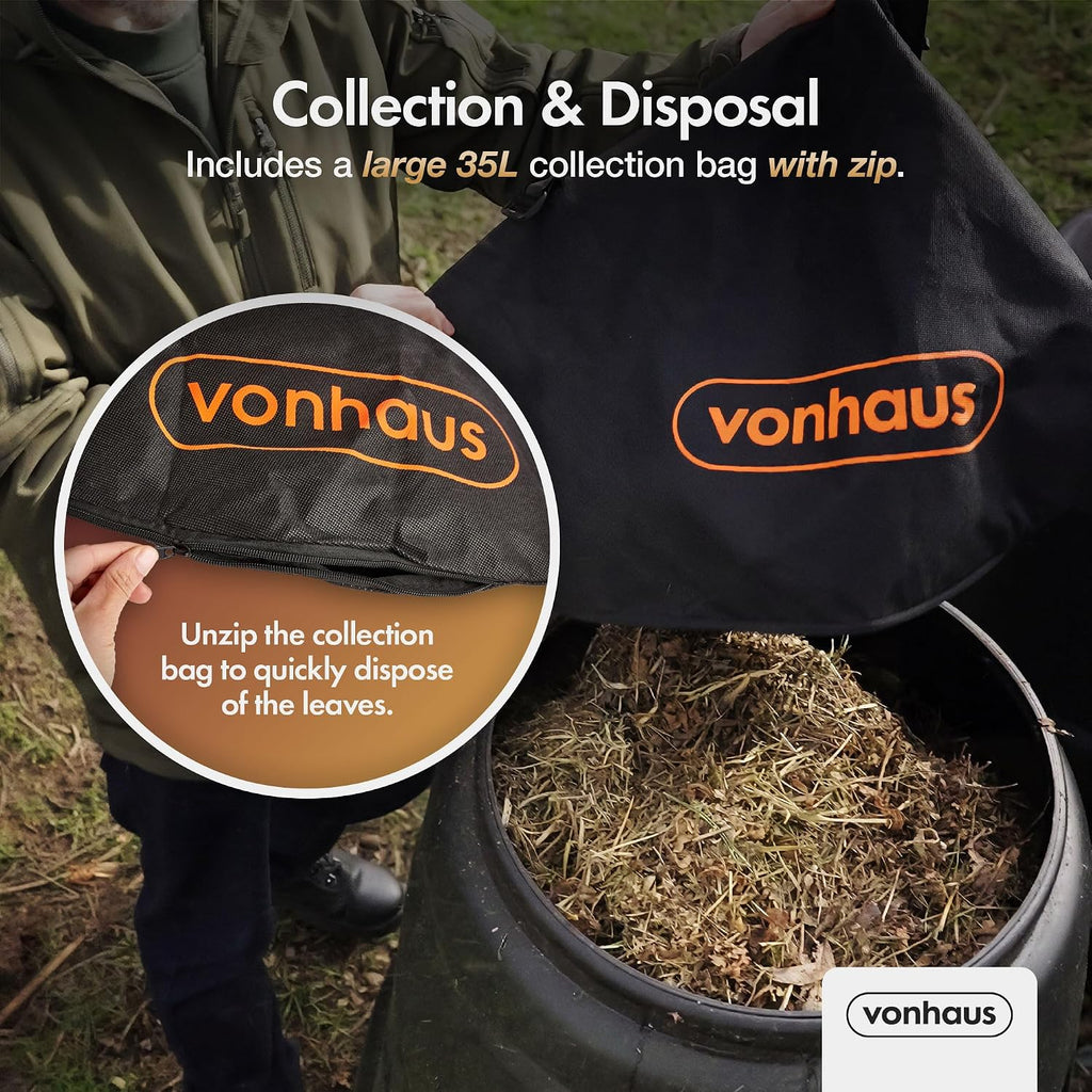 VonHaus Leaf Blower and Vacuum Corded 3000W – 35L Bag, 10m Cable, Wheels