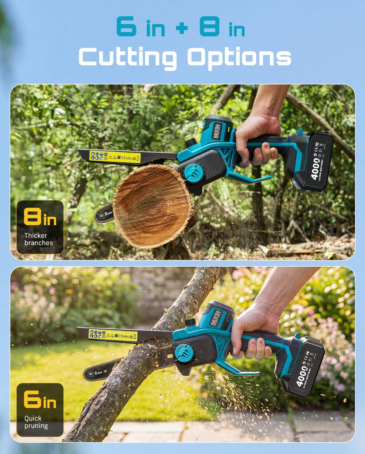 SEESII Mini Chainsaw 8 Inch & 6 Inch, Brushless, 2x4000mAh Batteries