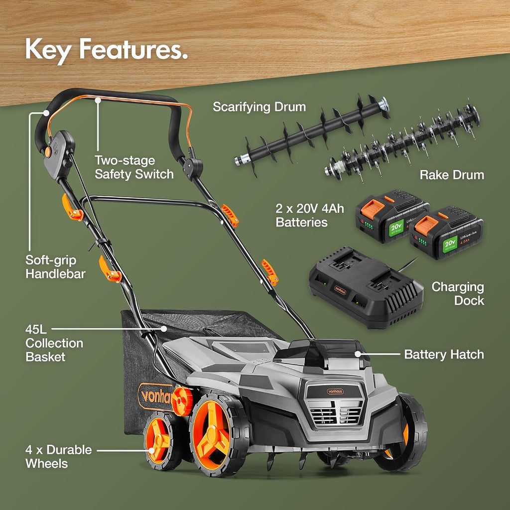 VonHaus Lawn Scarifier/Aerator/Rake Cordless 40V – x2 20V Batteries/Charger