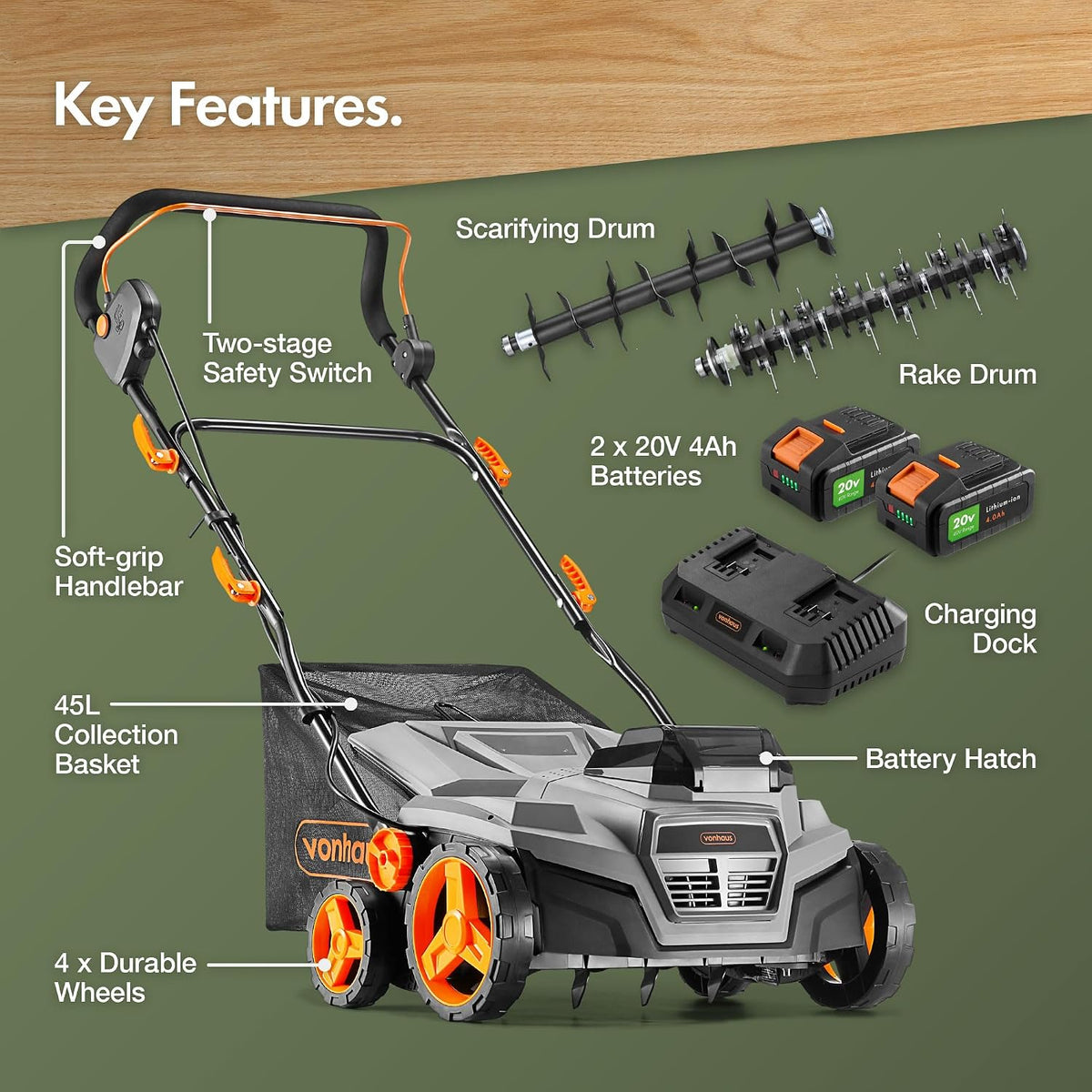 VonHaus Lawn Scarifier/Aerator/Rake Cordless 40V – x2 20V Batteries/Charger