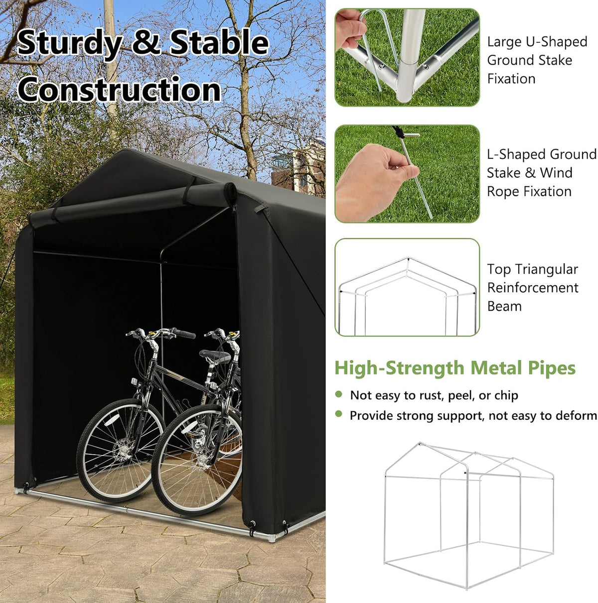 COSTWAY 7x5.2FT Outdoor Storage Shed, Waterproof Garden Bike Tent with Roll-up Zipper Door and Gloves, Galvanized Steel Motorcycle Tool Storage Shelter Carport for Patio Yard Garage (Dark Grey)
