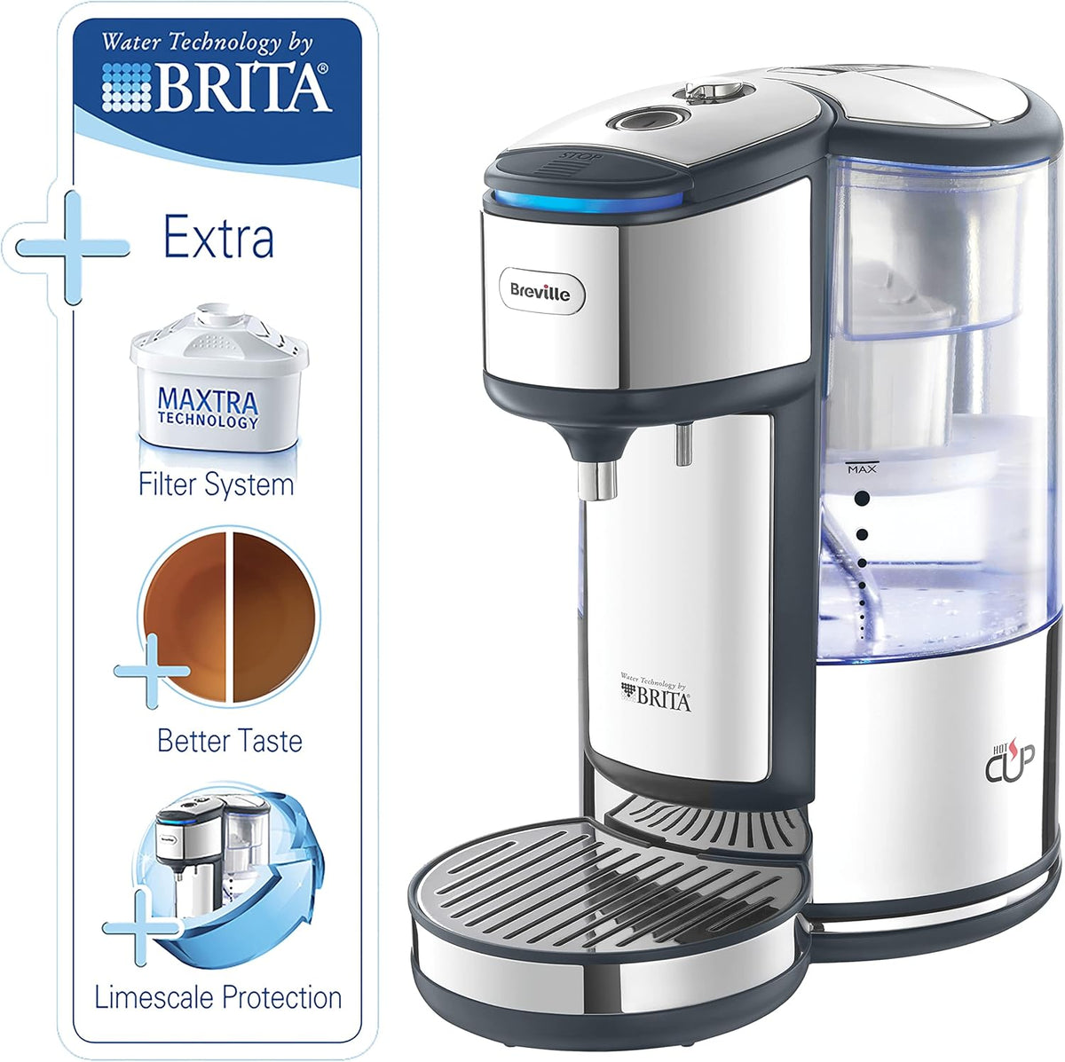 Breville BRITA HotCup Hot Water Dispenser | Integrated Water Filter | 1.8L with 3kW Fast Boil & Variable Dispense | Energy-efficient use | Stainless Steel [VKJ367]