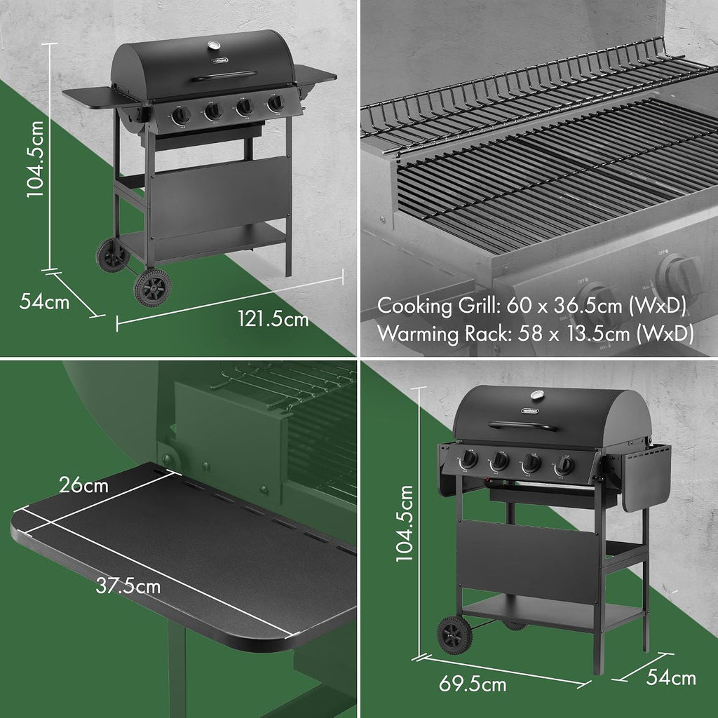 VonHaus Gas BBQ – Barbecue with x4 Gas Burners, Warming Rack, Fold Down Shelves, Temperature Gauge, Wheels, Large Cooking Grill & More – Barbeque that can Grill Meat, Fish & Vegetables