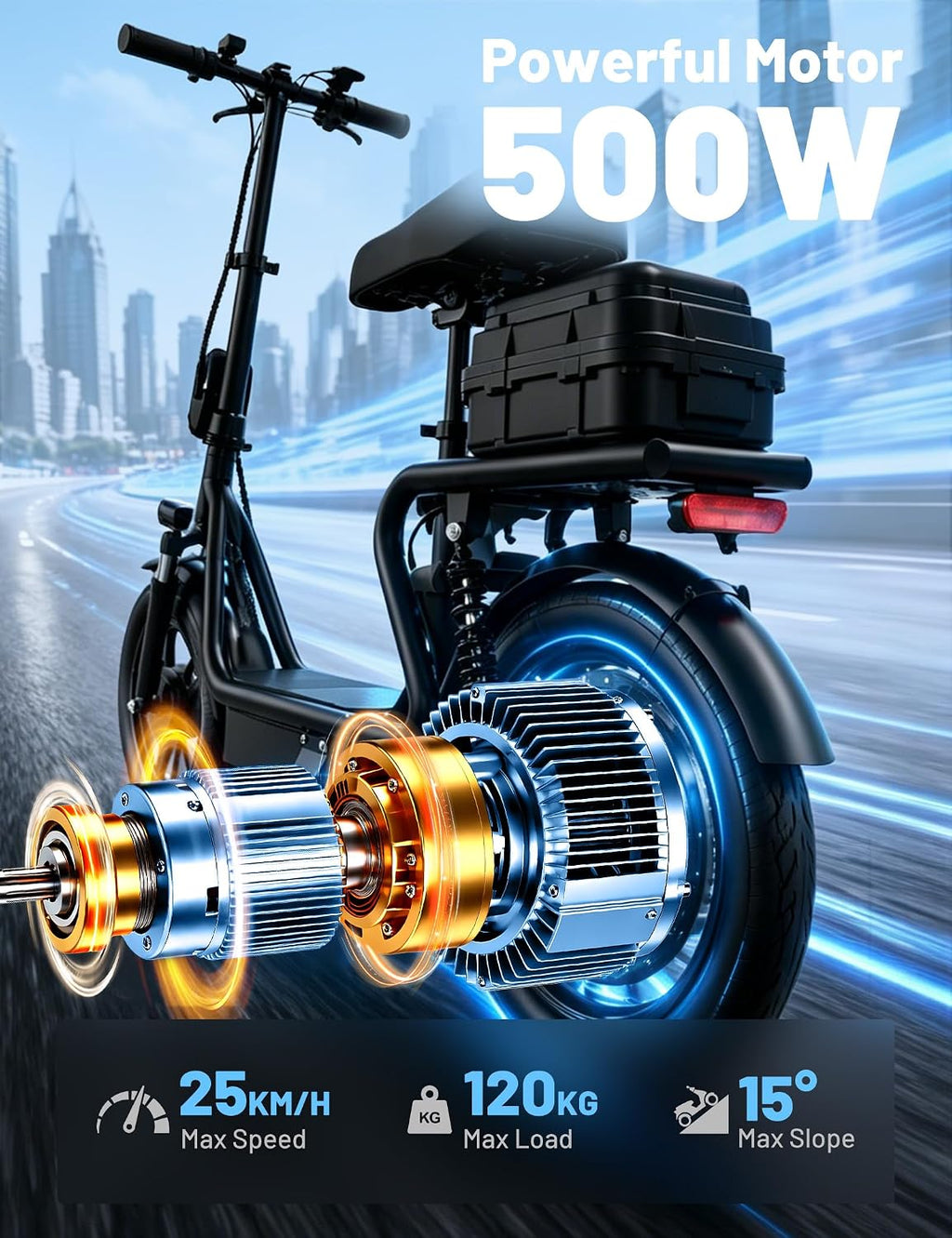 H1L Electric Scooter Adult, 14" E Scooter with 500W Motor and 30KM Long Range 25KM/H Top Speed Rear Disc Brake & Front Fork Suspension, Folding Electric Scooters with LCD Display, Max Load 120KG