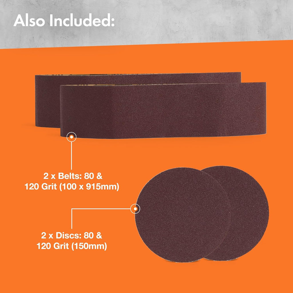 VonHaus Benchtop Belt & Disc Sander, 100mm x 915mm, with Cast Iron Base and Integrated Dust Port - Removable Table, Sanding Belt and Disc Included