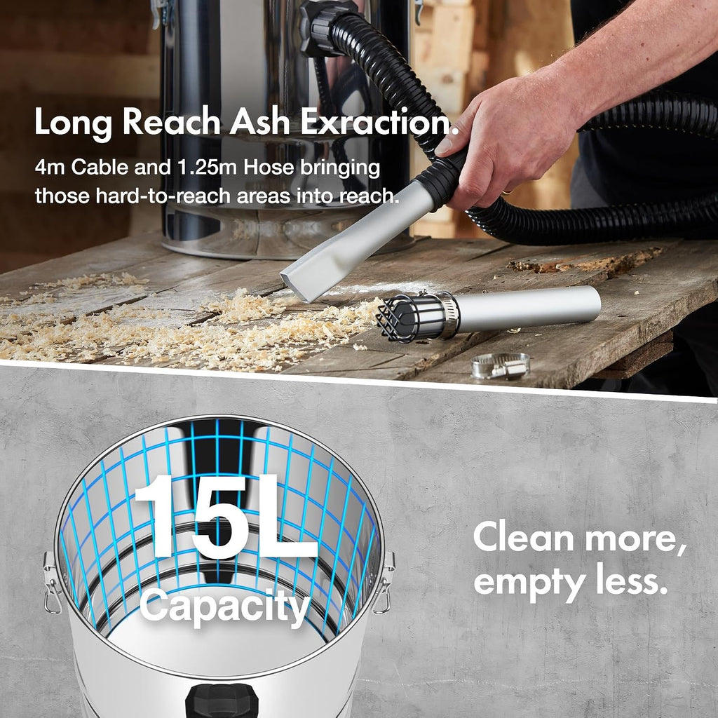 VonHaus 15L Ash Vacuum Cleaner – 1000w Home or Workshop Hoover – Industrial Vacuum Cleaner – Ash Dust Collector w/ 1.25m Hose for Fireplaces, Grills, BBQ’s, Fire Pits, Stoves, Log Burners & Chimineas
